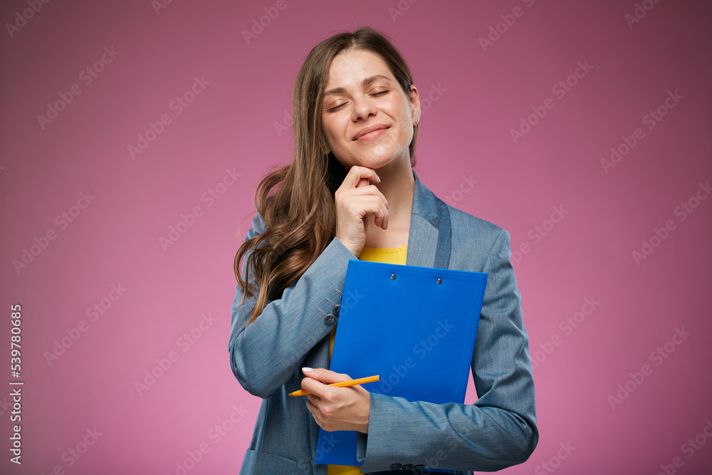 Thinking accountant business woman with clipboard, tablet, touching her chin with eyes, closed. Isolated advertising portrait on pink back.