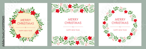 Set of holidays greeting cards with floral Christmas ornaments and frames. Winter twigs and poinsettia flowers. 