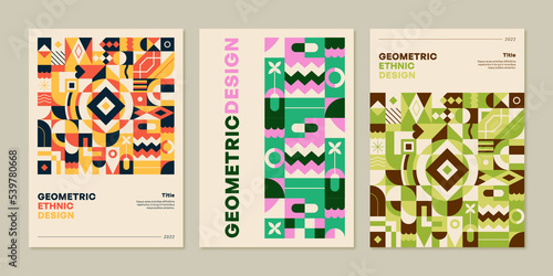 Colorful, abstract, ethnic and design posters in geometric style. Vector pattern for stationery and print.