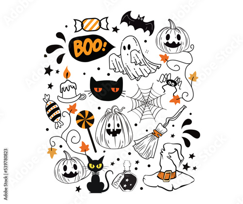 Ghost, cat, pumpkin, bat, broom, candy witch hat set of Halloween object. Halloween Vector T-Shirt design. 