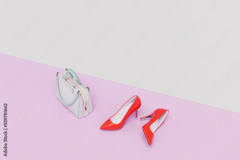 a white women's handbag and red heeled shoes on a pastel white background. copy paste, copy space. 3D render