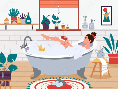 Woman in bath. Female character washing in bathroom with foam and yellow duck. Girl relaxing with burning candles