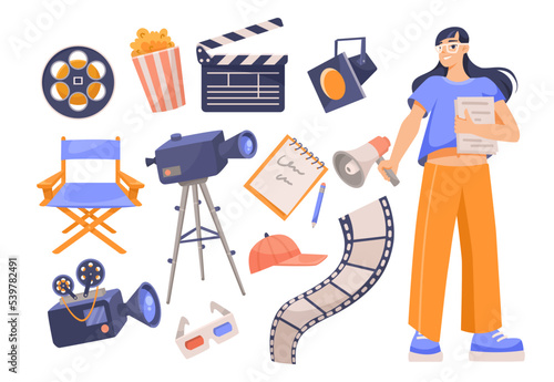 Female filmmaker and cinema elements vector illustrations set. Collection of cartoon drawings of professional camera, lights isolated on white background. Filmmaking, profession or occupation concept
