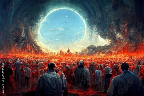 Fototapeta Metaphor of judgement day on earth, image of all the people at judgement day