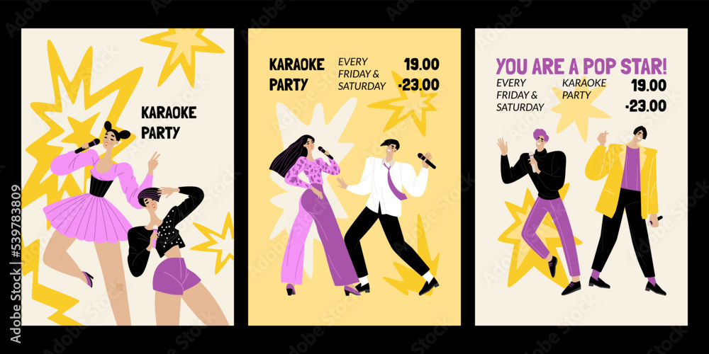 Set of vector invitation cards for karaoke party. Illustrations with cute singing young people.