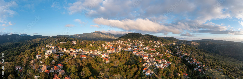 Greece village Kosmas on mountain Parnonas aerial panorama view, Peloponnese