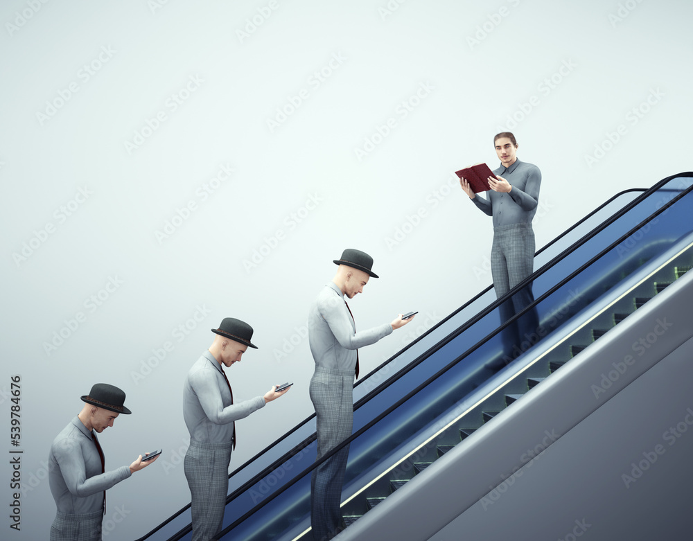 Man on escalator using phones and one reading. Growth mindset and discipline concept. Man on escalator using phones and one reading. Growth mindset and discipline concept.