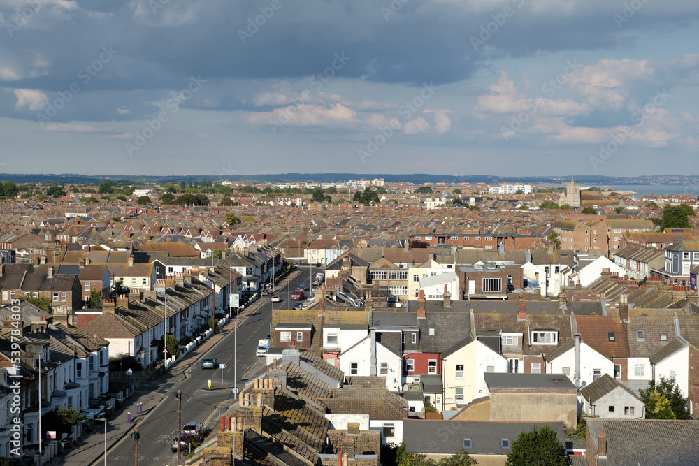 Eastbourne, East Sussex, UK - September 29, 2022. Panoramic view of terraced houses in Eastbourne town centre. High angle view.