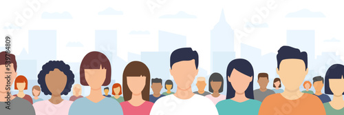 Happy civil people standing together. Human crowd. Multicultural society in town. Male and female population. Vector illustration.