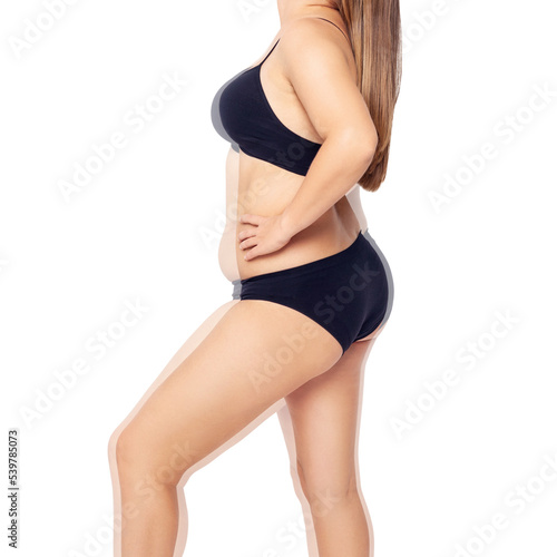 Young woman body in silhouette of fat body. After weight loss concept.