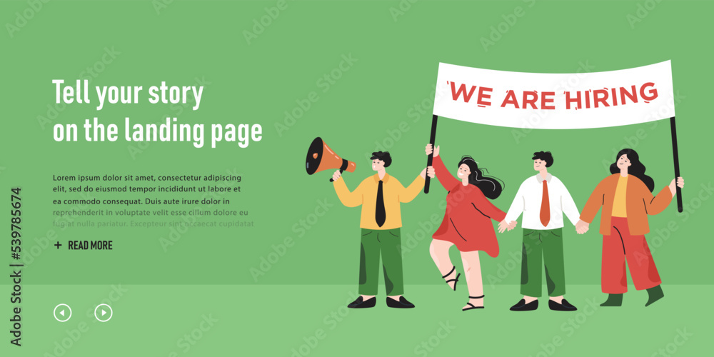 Team of business people in search of new employees. Female and male office workers holding we are hiring banner and megaphones flat vector illustration. HR, interview at agency, recruitment concept