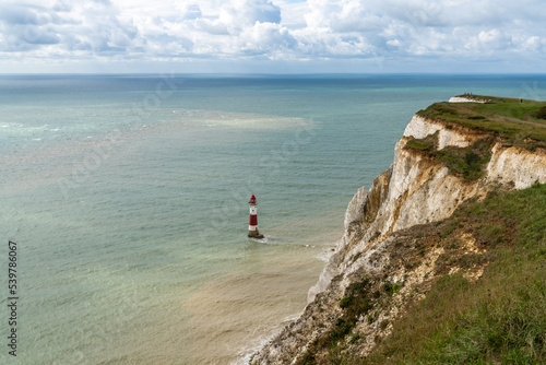 the Beachy Head Lighthouse in the English Channel and the white cliffs of the Jurassic Coast