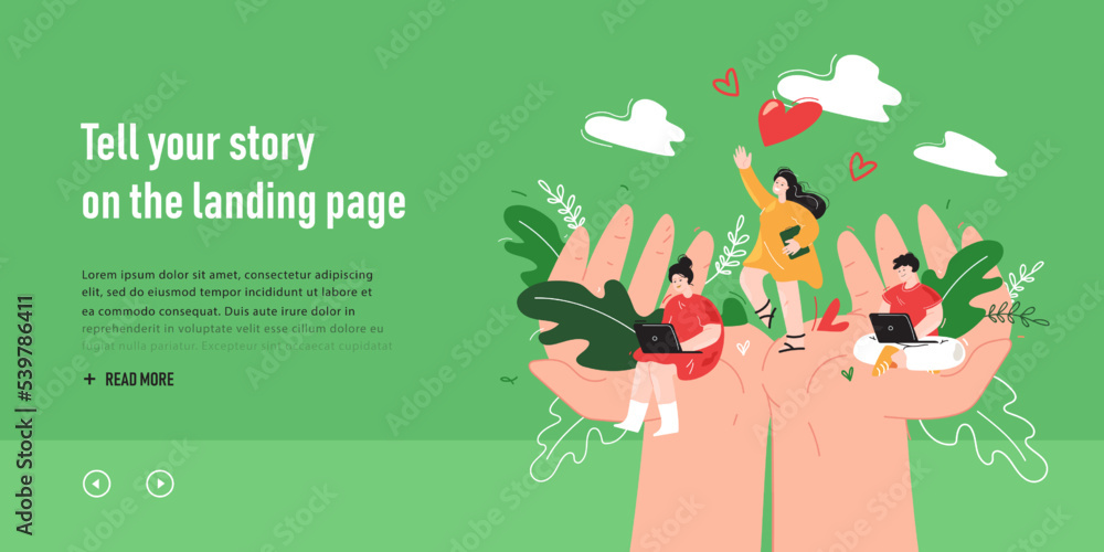 Hands holding team of tiny employees. Helping workplace community, persons with laptops flat vector illustration. Social support, job security concept for banner, website design or landing web page - obrazy, fototapety, plakaty 
