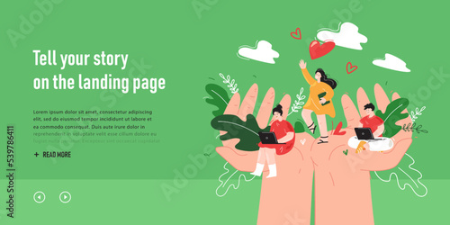 Hands holding team of tiny employees. Helping workplace community, persons with laptops flat vector illustration. Social support, job security concept for banner, website design or landing web page