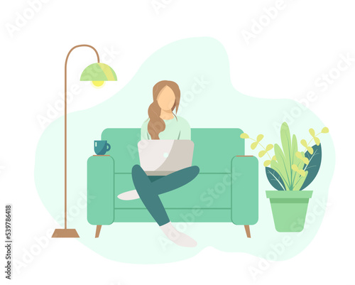 girl with laptop sitting on the sofa. Freelance or studying concept. Work from home, coworking, concept illustration.People at home in quarantine.Flat style vector illustration.