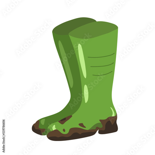 Dirty green rubber boots isolated on white background. vector illustration.