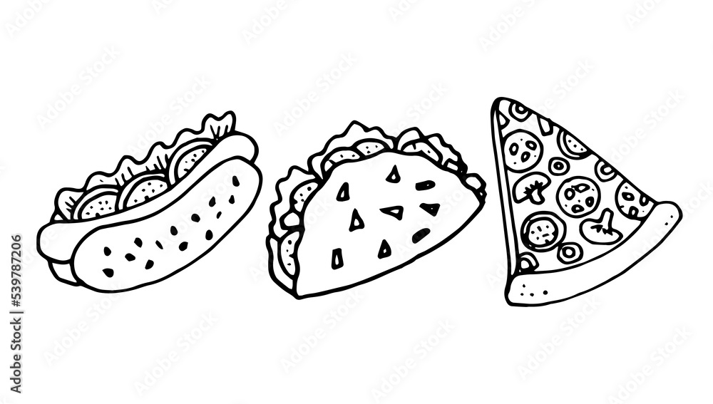 Fast Food illustration of hot dog, taco and pizza Fast Food illustration of hot dog, taco and pizza
