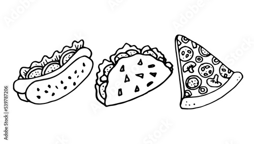 Fast Food illustration of hot dog, taco and pizza