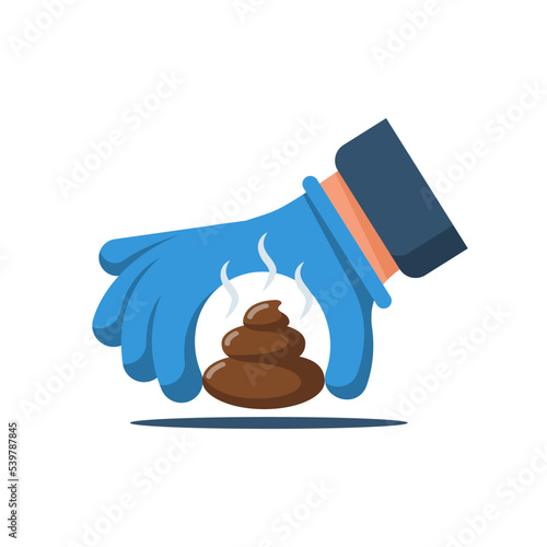 Hand holding poop. Pick up and remove. Please keep your pet clean. Hand in a glove or a plastic bag. Remove shit. Vector illustration flat design. Isolated on white background.