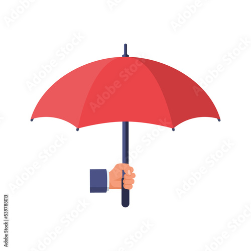 Human holds a small umbrella in hand. Element for landing page or banner and template. Umbrella in hand. Cartoon style. Vector illustration flat design. Protection concept. Security symbol.