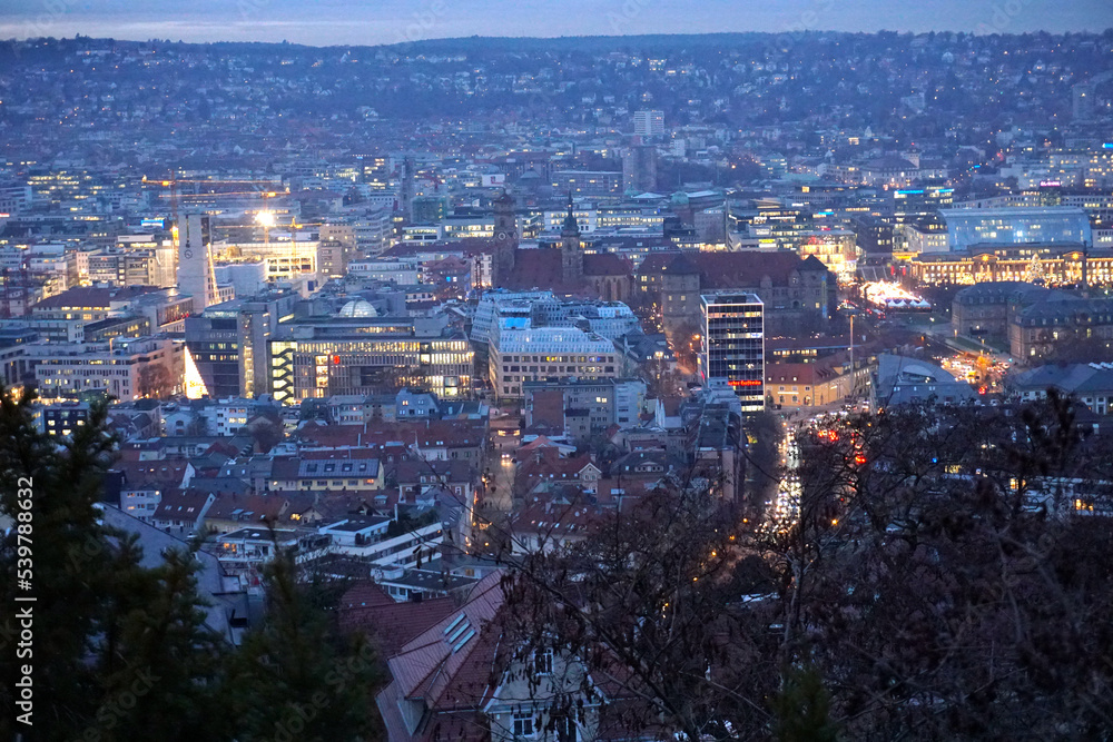 Fototapeta premium aerial view over downtown Stuttgart at dusk 