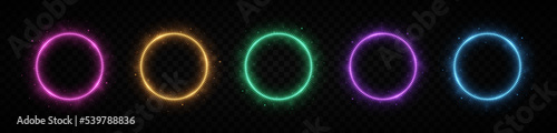 Set of colorful neon circle glowing frames, colored buttons. Frames with lights effects.