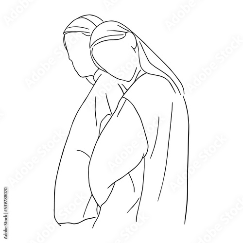 Line art minimal of lesbian embracing together in hand drawn love concept for decoration, doodle style, LGBTQ