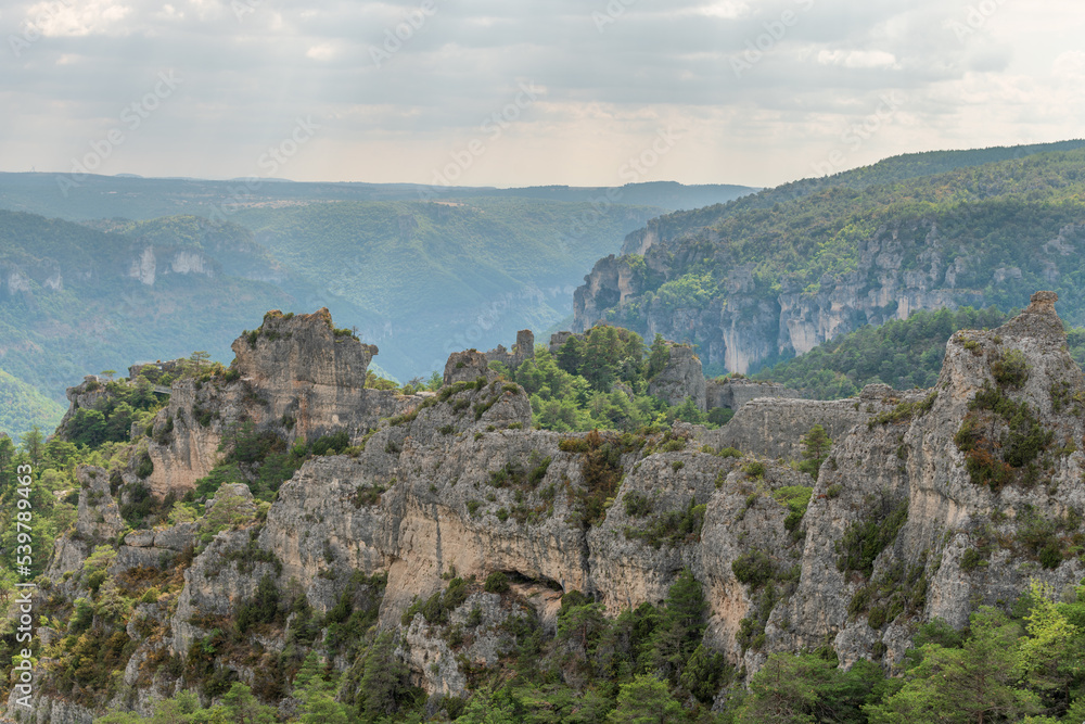 The city of stones, within Grands Causses Regional Natural Park, listed natural site with Dourbie Gorges at bottom.