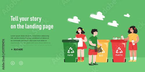 Children sorting garbage into recycle bins. Kids throwing trash into dustbins for paper, plastic and bio waste flat vector illustration. Recycling, ecology concept for banner or website design
