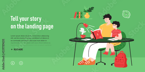 Cartoon father reading book and helping son with homework. Dad and small boy sitting at table together flat vector illustration. Family, parenting, education concept for banner or website design