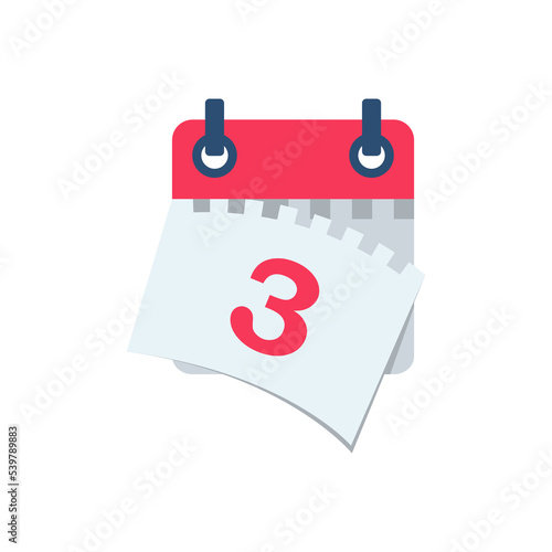 Tear off the calendar sheet. 3 is the date on the calendar. Off date. Deadline concept. Template page. Vector illustration flat design. Isolated on white background.