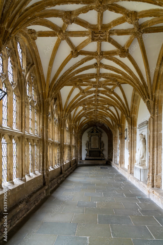 interior view of one of the corridors of the cloister of the historic Wells Cathedral