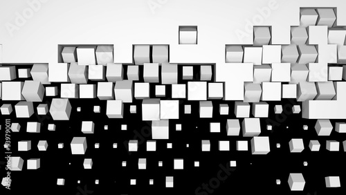 3D rendering of a white wall fragmentation into cubes isolated on a black background. Geometric pattern of crushing and screen swiping blocks. High tech transition screensaver for presentation. photo
