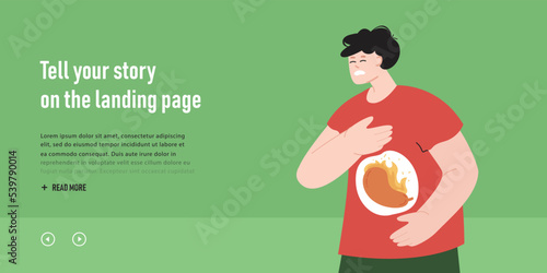 Man with stomachache and gastric abdominal pain, fire in stomach. Stomach acid reflux disease symptoms and digestive system problem flat vector illustration. Gerd, gastritis, indigestion concept