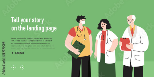 Doctor, nurse and medical staff in hospital team. Frontline clinic group of professional male and female workers standing together with smile flat vector illustration. Healthcare, medicine concept