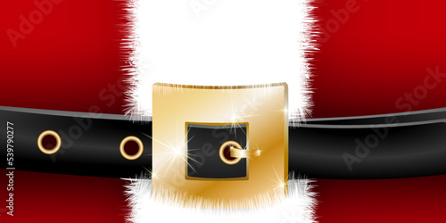 Close up red coat with fur and belt of Santa Claus. Christmas background.