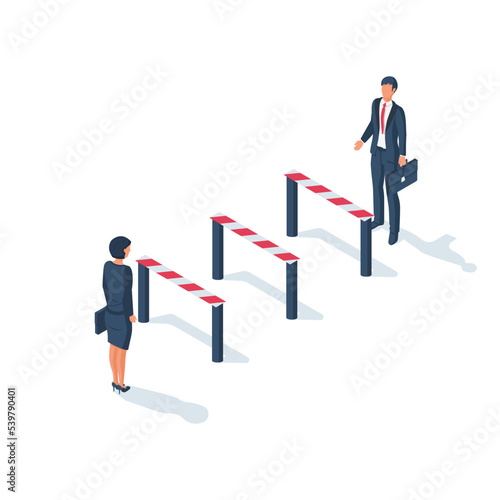 An obstacle to meeting two businessmen. Businessman obstacle metaphor. Overcoming obstacle on road. Barrier on way to success. Vector illustration isometric 3d design. Isolated white background.