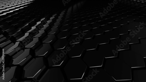 Black geometric surface of glossy shiny honeycombs. 3D rendering of reflective hexagons connected together in graphic pattern. Computer geometric background for screensaver, presentation or wallpaper.