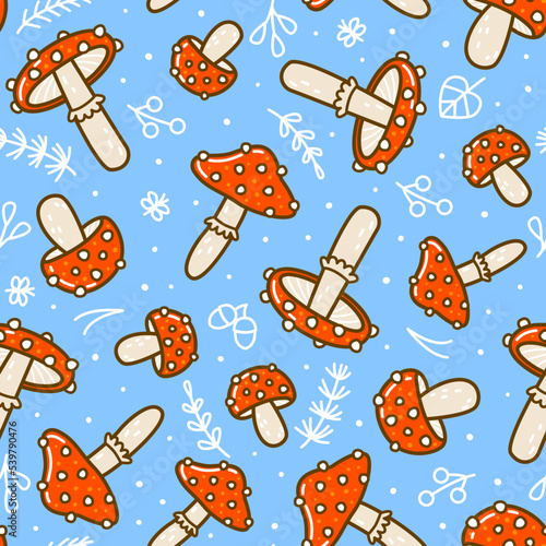 Seamless pattern with cute cartoon amanita mushrooms and leaves - autumn background for Your wrapping paper and wallpaper and textile design