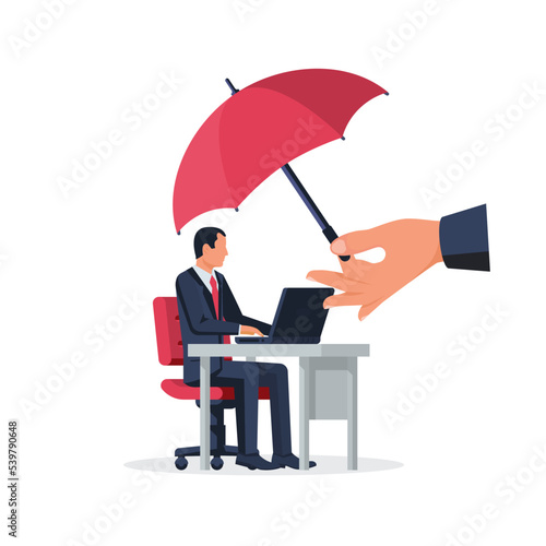 Protection of workers. Employee care. Professional support. A person works under protection. Umbrella and employee. Vector illustration flat design. Isolated on white background.