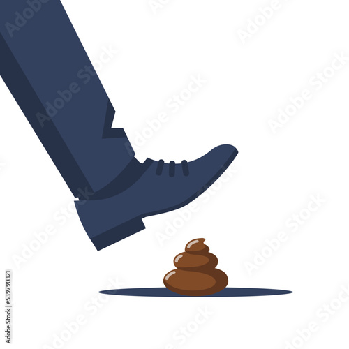 Step on poop. Man steps on shit. Unpleasant surprise, unexpected problems. Shit happens. Vector illustration flat design. Isolated on white background.