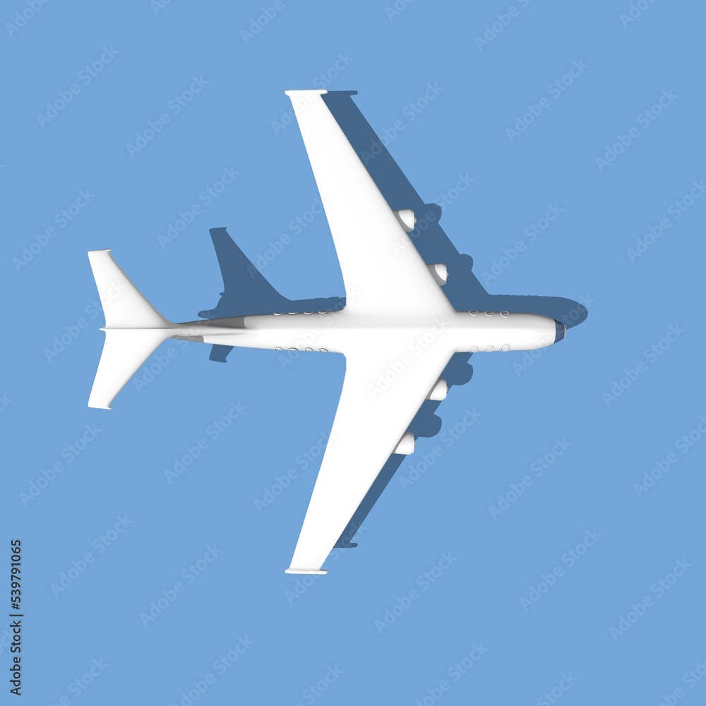 White 3d plane render with a shadow on a blue background. Airplane travel background illustration. 3D Rendering. White 3d plane render with a shadow on a blue background. Airplane travel background illustration. 3D Rendering.