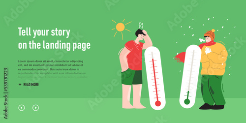 Tiny men standing near giant thermometers in hot, cold weather. Flat vector illustration. Male character struggling from heat and extreme low temperatures. Meteorology, weather, temperature concept