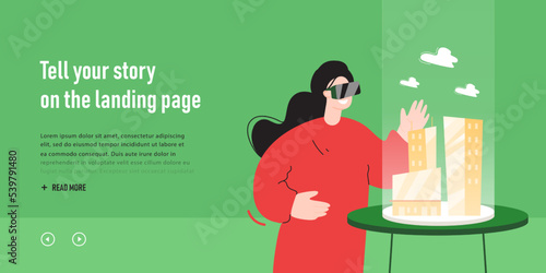 Architect in VR headset with 3d model of building on table. Female engineer modeling virtual construction in office flat vector illustration. Engineering, architecture concept for banner, landing page