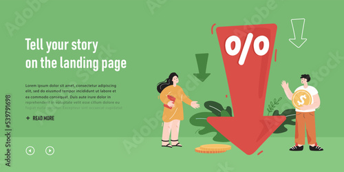 Tiny workers watching percentage of profits fall. Flat vector illustration. Huge arrow pointing down, employees sitting on coins, preventing losses. Financial crisis, reduction, decrease concept