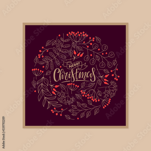 Round festive frame for greeting card with botanical elements and calligraphy lettering Merry Christmas. Winter Season poster. Flat vector card with red rowan berries and rowan leaves on dark purple