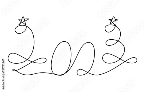 New Year's text of 2023 with Abstract Christmas Trees Firs and Stars Continuous one line drawing. One line Isolated Vector illustration.