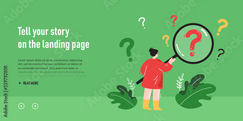 Curious woman looking through magnifier at question marks. Female person investigating, searching and analyzing information flat vector illustration. FAQ, inquiry, analysis concept