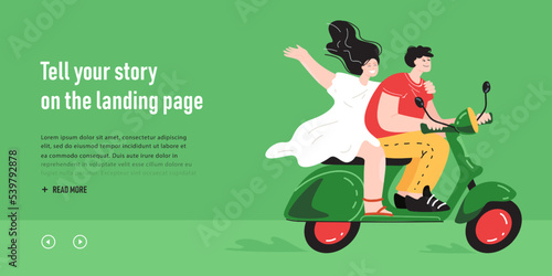 Happy cartoon boyfriend and girlfriend going on trip by moped. Young man and woman on scooter or motorbike, holiday at sea flat vector illustration. Romance, summer concept for banner, website design