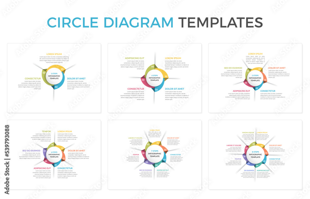 Circle diagram templates set 3 4 5 6 7 and 8 elements circle